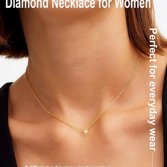 14k Gold Plated Cubic Zirconia Diamond Pendant Necklace Dainty Simple Gold Choke - Picture 3 of 7